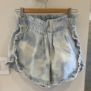 SEA Ruffle-Trim Tie-Dye Paperbag Waist Women’s Shorts - Light Blue